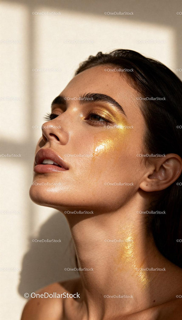 Close-up of woman with shimmering gold makeup