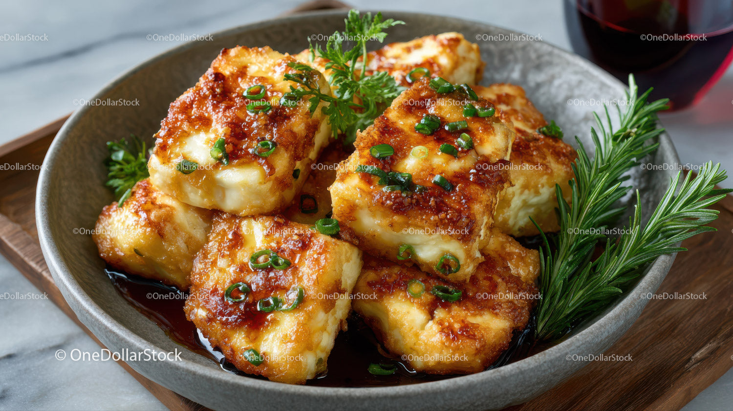 Crispy Fried Cheese Bites with Herbs and Sauce on Rustic Dish