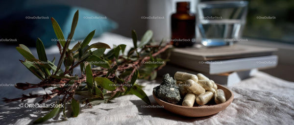 Herbal Leaves and Natural Supplements on a Rustic Table for Alternative Medicine