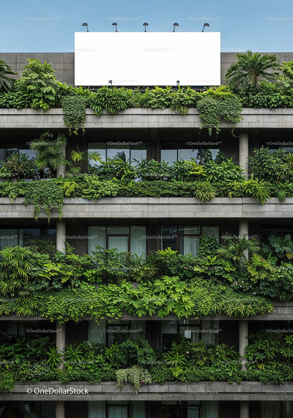 Modern Building Facade Covered with Lush Greenery JPG Mockup Image