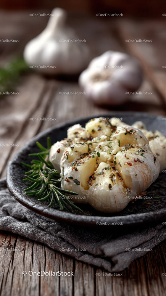 Garlic Cloves with Herbs on a Rustic Black Plate for Cooking and Food Photography