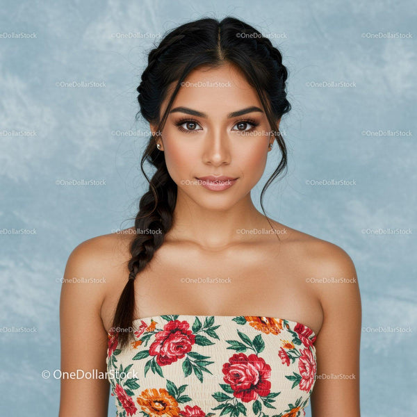 Portrait of a Young Woman in Floral Dress with Braided Hair