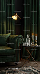 Elegant green leather sofa with ambient lighting and decor