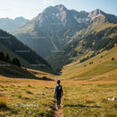 Scenic Mountain Landscape with Hiker Walking Through Green Valleys