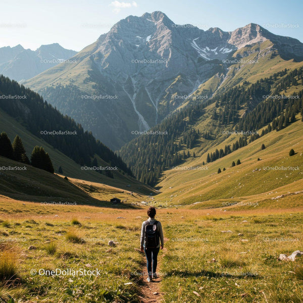 Scenic Mountain Landscape with Hiker Walking Through Green Valleys