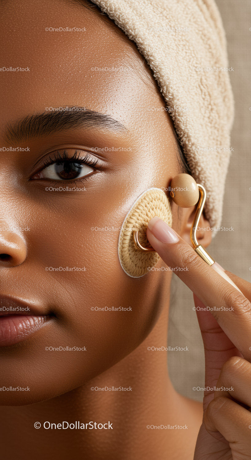 Close-Up of a Woman Using a Skincare Facial Roller for Skin Rejuvenation