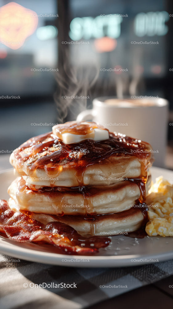Stack of Fluffy Pancakes with Syrup and Bacon for Breakfast or Brunch