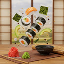 Floating sushi rolls with fresh ingredients and dipping sauce