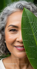 Portrait of a Smiling Elderly Woman with Bright Skin and Green Leaf