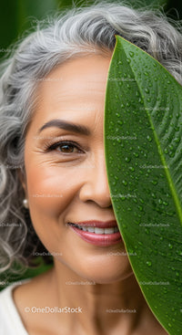 Portrait of a Smiling Elderly Woman with Bright Skin and Green Leaf