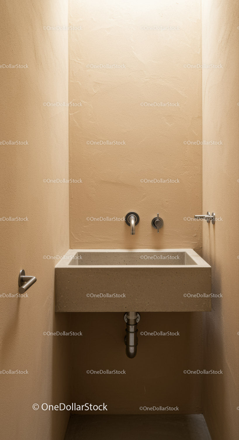 Modern Beige Bathroom with Concrete Wall-Mounted Sink and Faucets
