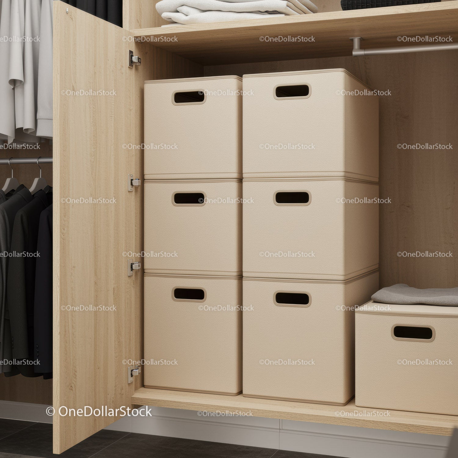 Beige Fabric Storage Bins in Modern Wooden Wardrobe Closet