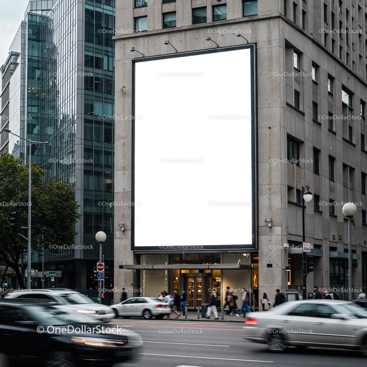 Busy city street with large blank billboard on building