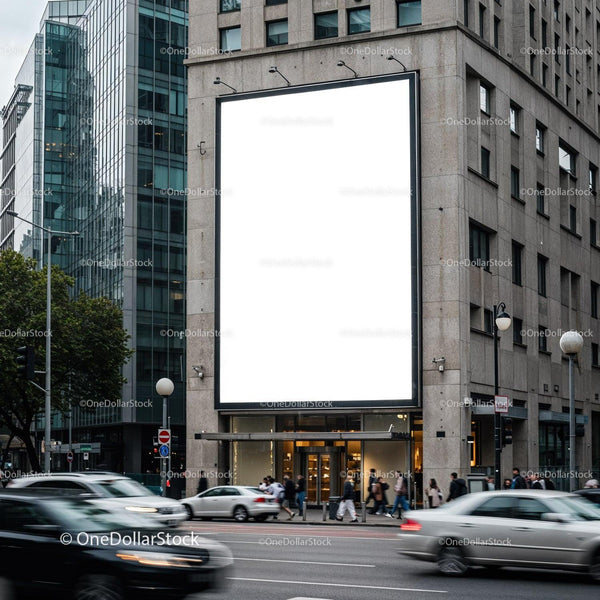 Busy city street with large blank billboard on building JPG Mockup Image