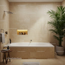 Luxury Modern Bathroom with Beige Tile Walls and Potted Palm