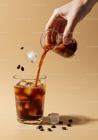 Freshly Poured Cold Brew Coffee Over Ice Cubes