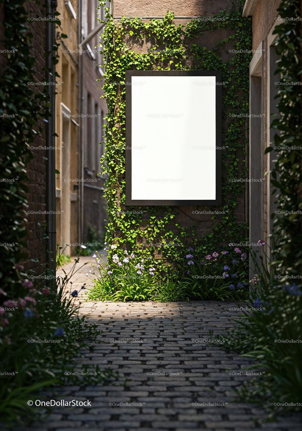 Blank vertical billboard in charming ivy-covered alleyway JPG Mockup Image