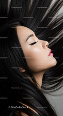 Elegant woman with flowing black hair and closed eyes