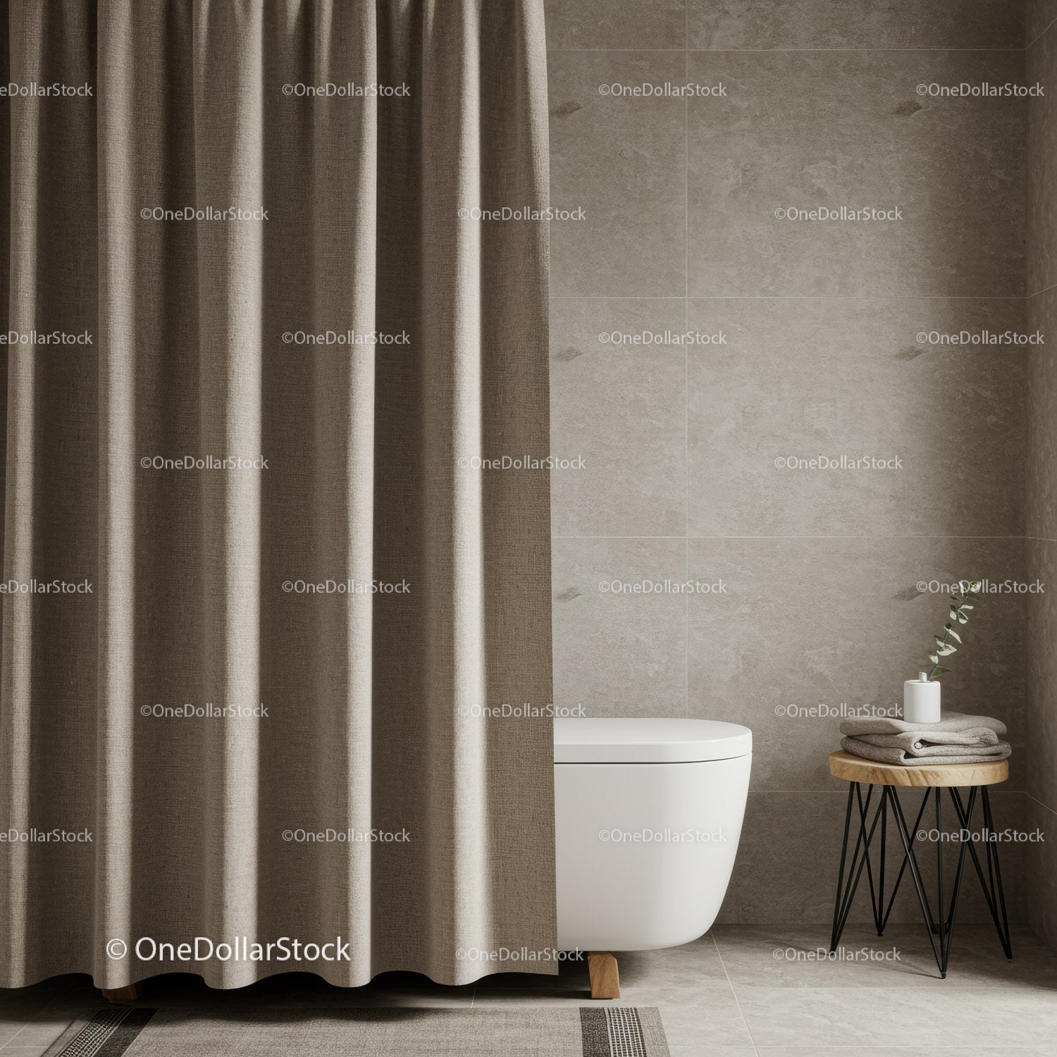 Beige Tiled Bathroom with White Toilet and Wooden Side Table