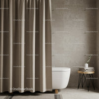Beige Tiled Bathroom with White Toilet and Wooden Side Table