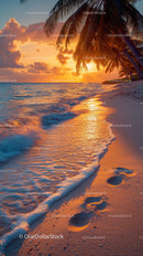Sunset over a Tropical Beach with Palms and Ocean Waves