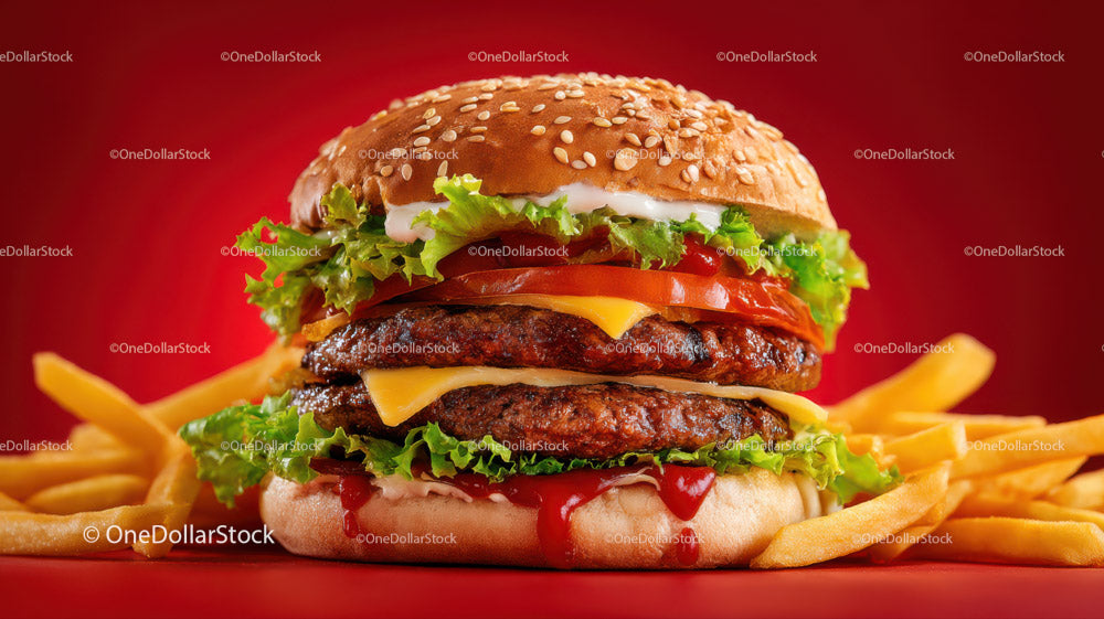 Juicy Double Cheeseburger with Lettuce, Tomato and Golden French Fries