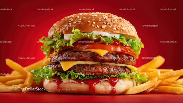Soczysty Podwójny Cheeseburger z Sałatą, Pomidorem i Złocistymi Frytkami
