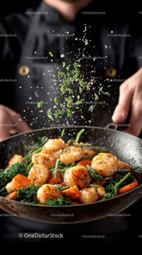 Fresh Shrimp and Seasonal Vegetable Stir-Fry in a Professional Kitchen