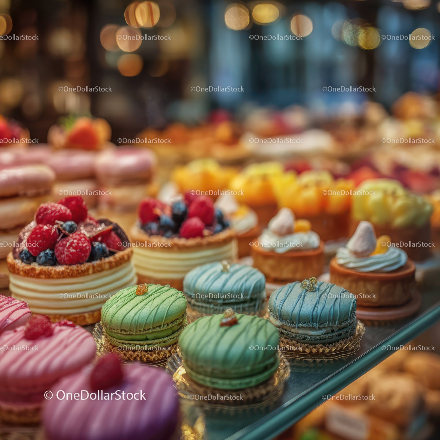 Świeże, różnorodne makaroniki eksponowane w eleganckiej witrynie piekarni