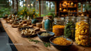 Herbal Collection and Dried Spices in Glass Jars on Wooden Table