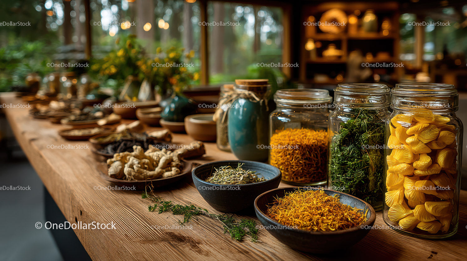Herbal Collection and Dried Spices in Glass Jars on Wooden Table