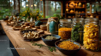 Herbal Collection and Dried Spices in Glass Jars on Wooden Table