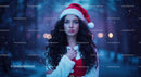Woman in Santa Hat with Curly Hair in Winter Night
