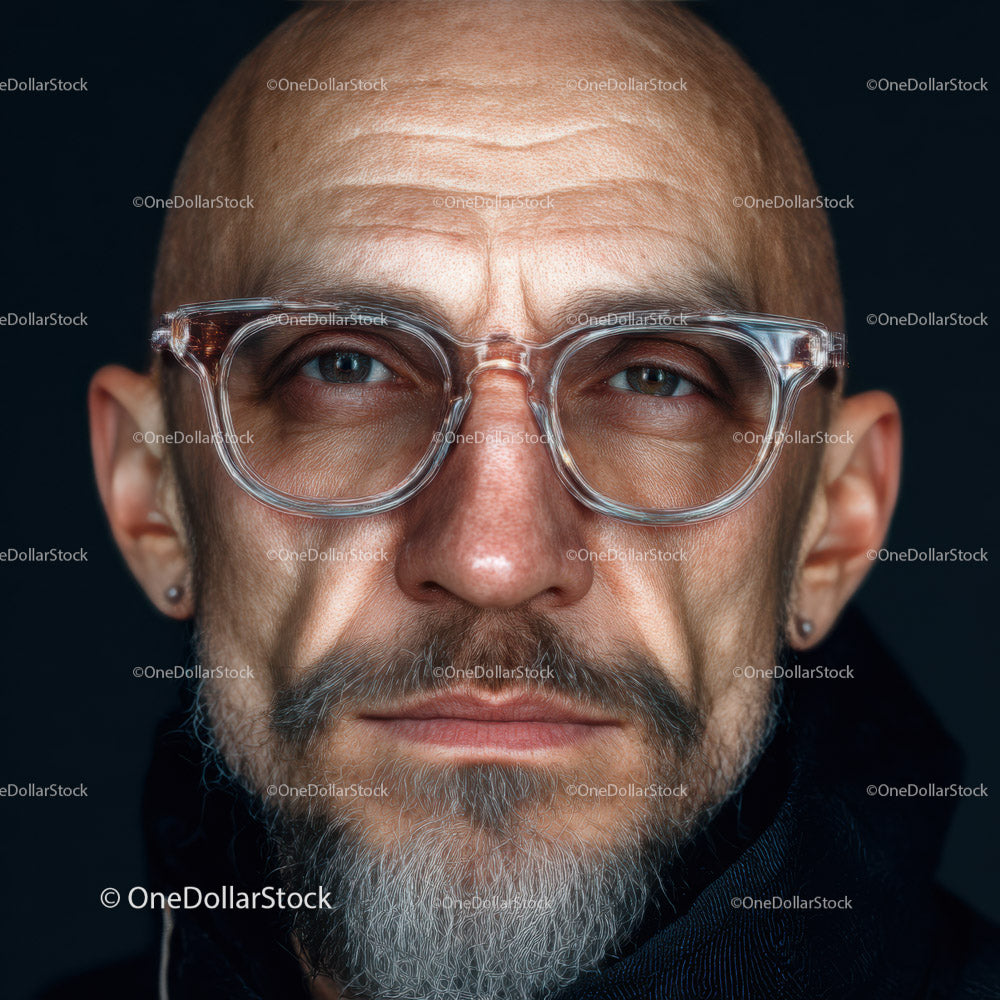 Pewny siebie dojrzały mężczyzna w stylowych okularach i z siwą brodą
