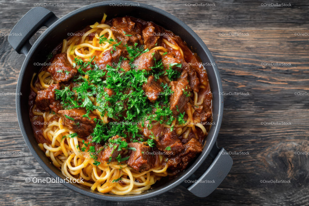 Hearty Beef and Pasta Stew with Fresh Parsley Garnish