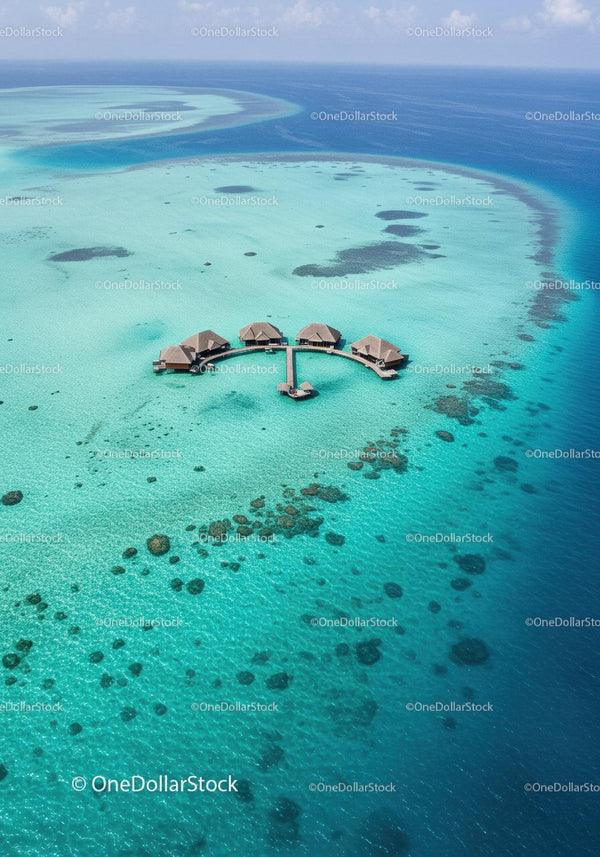 Overwater Bungalows Surrounded by Turquoise Ocean and Coral Reefs