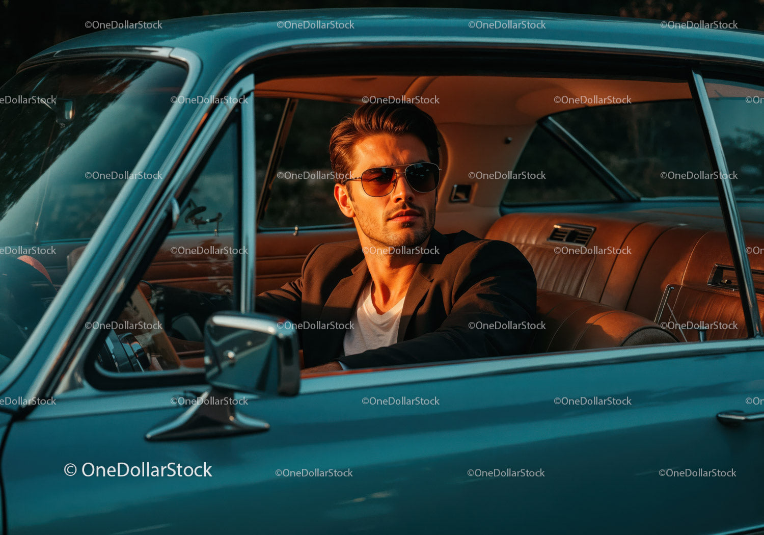 Stylish Man in Sunglasses Sitting in Classic Vintage Car at Sunset