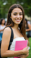 Young Woman Smiling Holding Pink Notebook Outdoors in Park