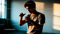 Young man gesturing thoughtfully in warm indoor light