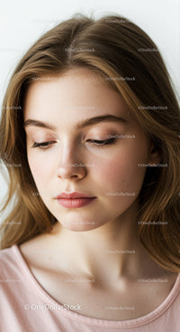 Close-up Portrait of Serene Young Woman with Wavy Brown Hair