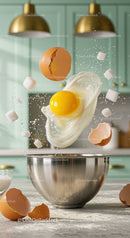 Cracking Fresh Eggs Over Bowl with Floating Sugar Cubes