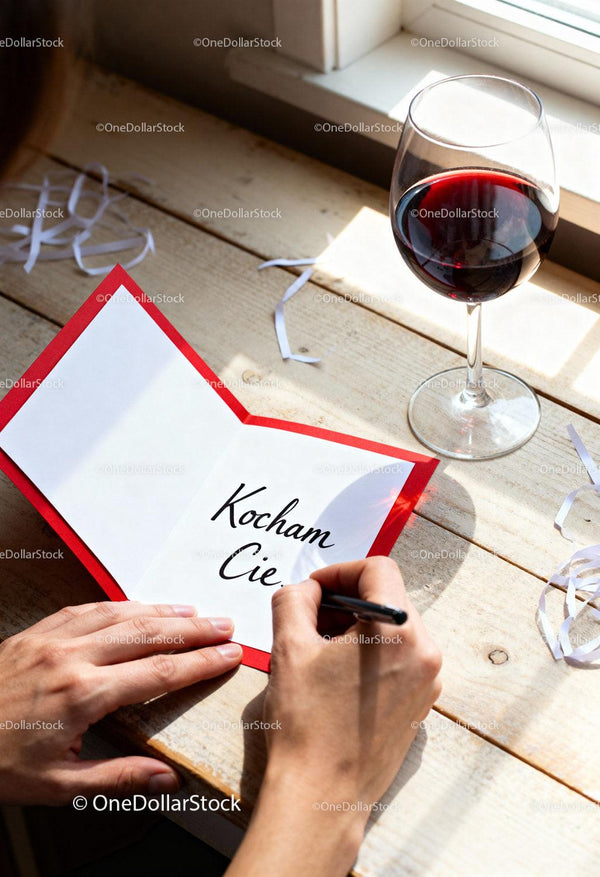 Handwriting a Romantic Note Near Glass of Red Wine