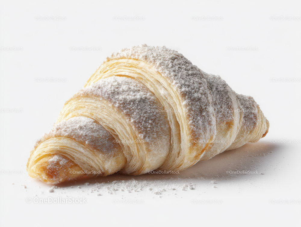 Golden Croissant with Powdered Sugar on White Background