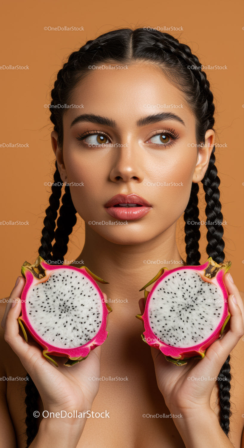 Beautiful Woman with Braided Hair Holding Dragon Fruit Halves