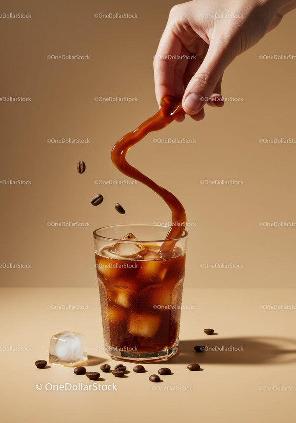 Hand Pouring Iced Coffee with Coffee Beans and Ice Cubes