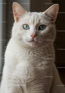 White cat with striking blue eyes close up portrait