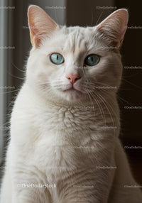 White cat with striking blue eyes close up portrait