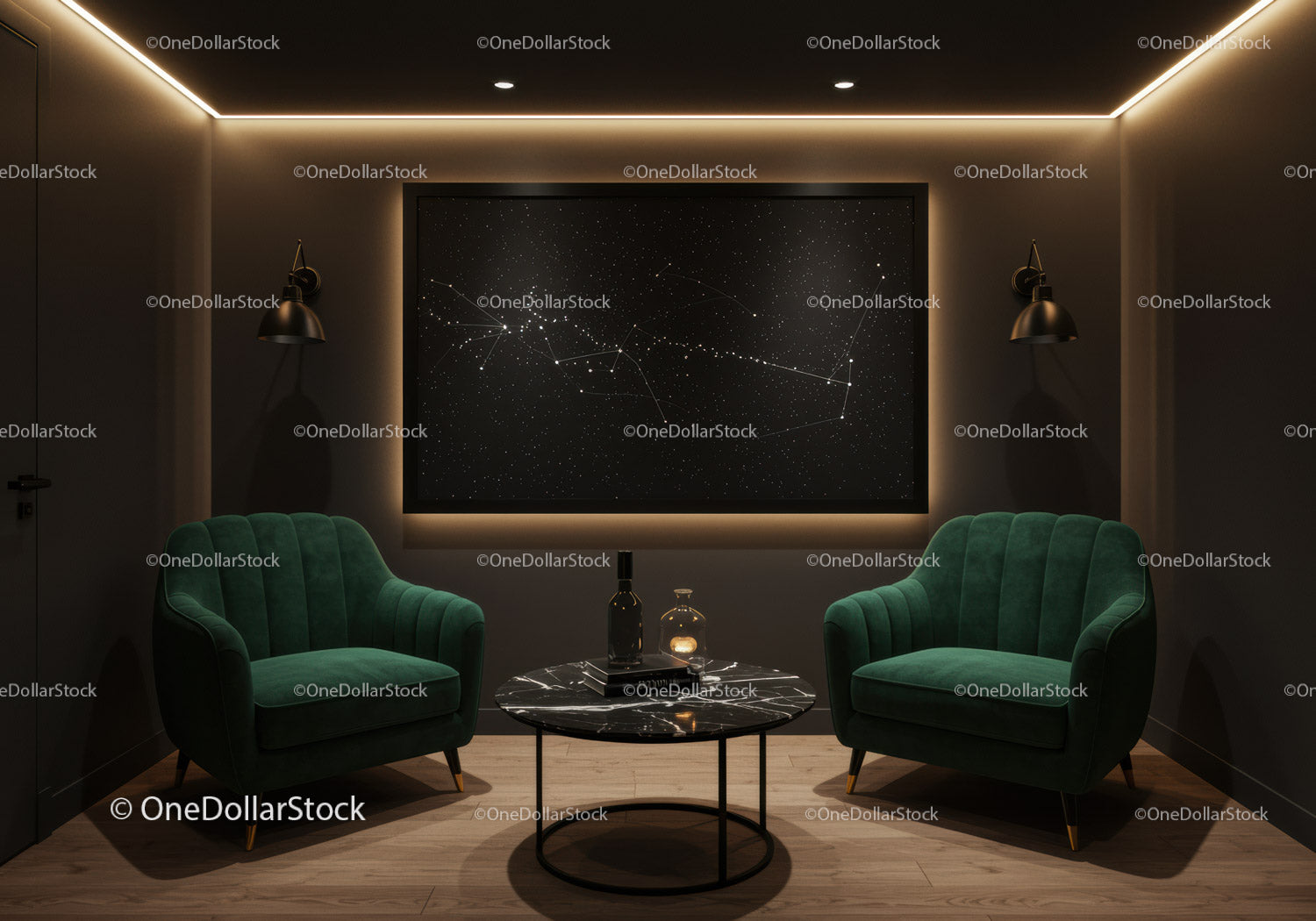 Cozy modern lounge with constellation wall art
