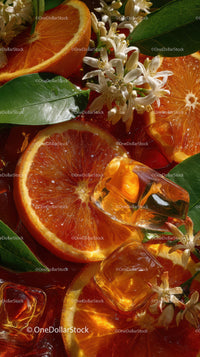 Vibrant Orange Slices with Blossoms and Ice Cubes for Refreshing Summer