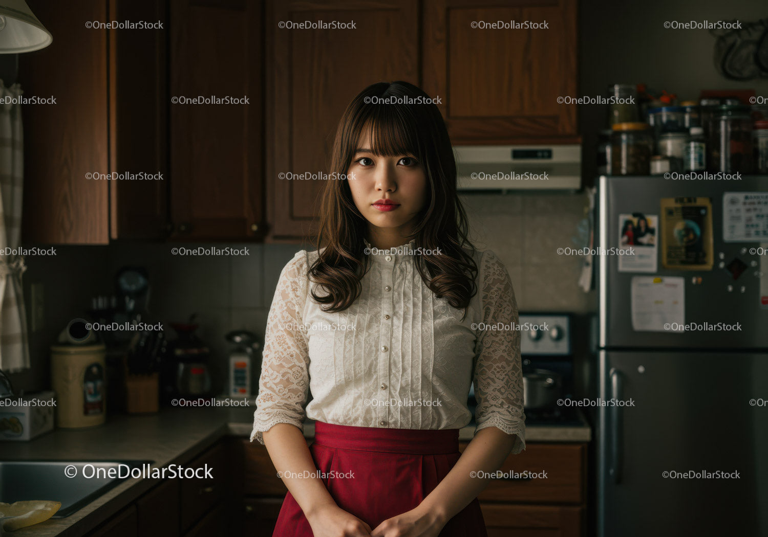 Young Woman Standing in Kitchen with Modern Appliances and Wooden Cabinets